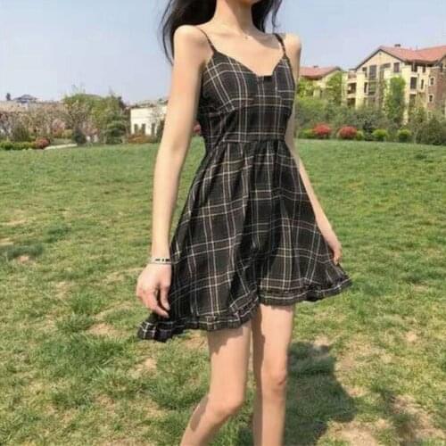 2021 New Sling Summer Plaid Twill Fashion Ladies Summer Summer Plaid Halter Strapless Retro Dress Women
