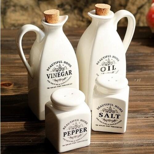 4pcs Ceramic Spice Jar With Wooden Cork Kitchen Condiment Bottle Seasoning Pot Pepper Vinegar Oil Salt Bottle Cooking Spice Tool