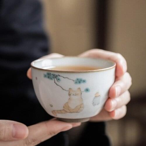 Large Capacity Ceramic Teacup Hand Painted Cute Cat Porcelain Master Cup Chinese Kung Fu Water Mug Creative Tea Bowl Drinkware