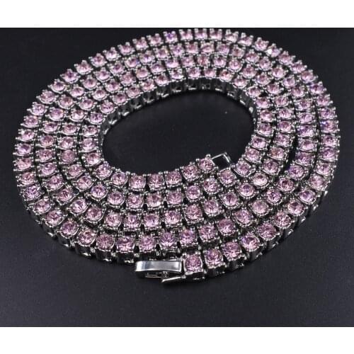 Pink crystal 1 row tennis chain hip hop men women necklace icd out bling rap dancer rock gift jewelry gold silver color cz chain