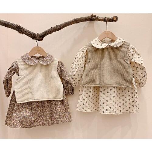 2021 Kids Clothes Set Baby Girls Sweaters Sleeveless Children Knited Vest Cotton Pants Floral Blouse 3Pcs Suit Girl Boys Outfits