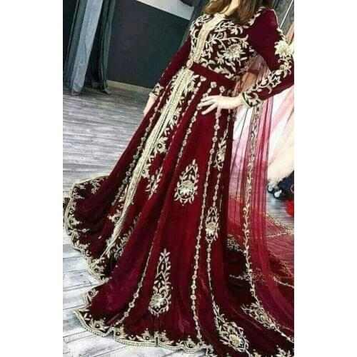 Formal Burgundy Moroccan Caftan Evening Dresses Long Sleeves Applique Beaded kaftan Dubai Velvet Prom Dress robe de soiree