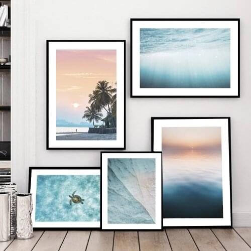 Deep Sea Wall Canvas Painting Sunrise Sunset Art Poster Green Sea Turtle Water Texture HD Prints Wall Pictures Living Room Decor