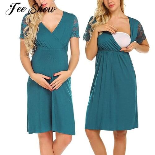 Maternity Nuring Robe Pajamas Sleepwear Lace Short Sleeve V-neck Pregnancy Breastfeeding Nightgown For Pregnant Women Nightdress