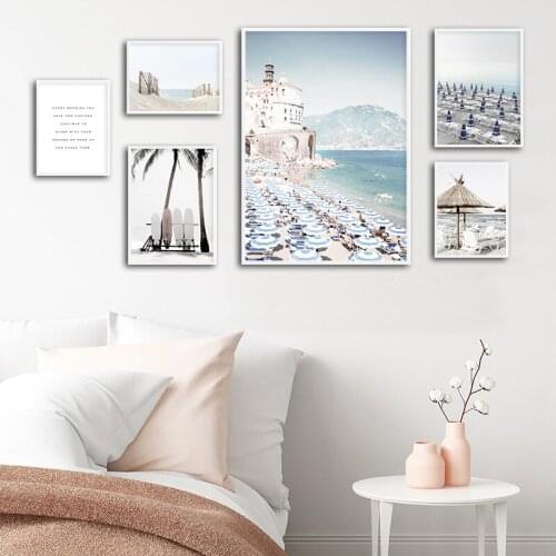 Italy Amalfi Coast Umbrella Poster Nature Landscape Print Sea Beach Surfboard Canvas Art Painting Seascape Picture Wall Decor