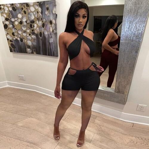Two Piece Set Women Summer Sweat Suits Halter Crop Top Bandage Hollow Biker Shorts Sexy Night Club Outfits Matching Sets