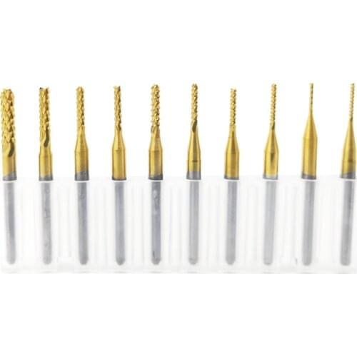 10pcs/lot 3.175mm TiN Coating Corn end mill Cutter PCB milling bits for PVC PCB CNC router bits 0.8mm to 3.0mm end mill