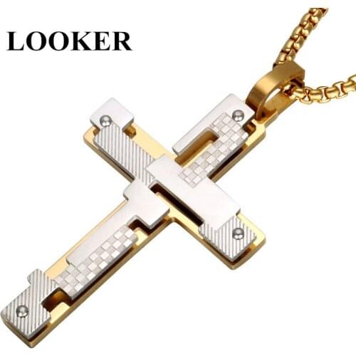 LOOKER Hollow Double Layer Cross Necklace Gold Color Stainless Steel Personality Cross Pendant For Men Prayer Jewelry