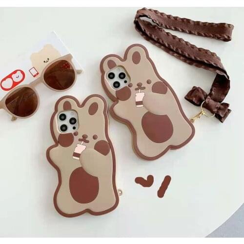 3D Cute Cartoon Drinking Milk Tea Bear Phone Case for iPhone 12 Mini 11 Pro XS Max SE 2020 Lanyard Strap Hanging Rope Soft Cover