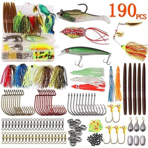 Bass Fishing Kit Tackle Lures 190pcs Bass Lures Spinnerbait Topwater Minnow Hooks Jigs Worms Weights Split Rings Swivels Tackle