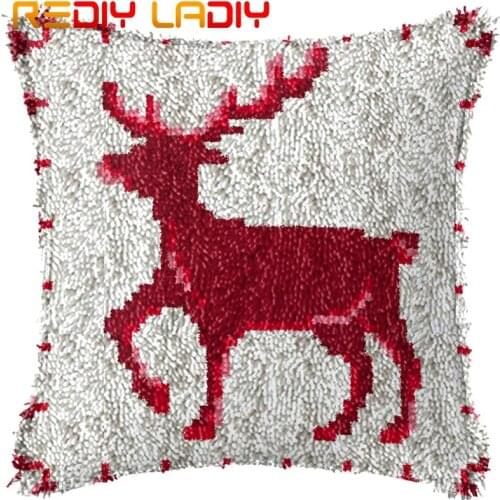 Latch Hook Cushion Christmas Deer Pillow Case Acrylic Yarn Pre-Printed Color Canvas Crochet Cushion Cover New Year Decoration