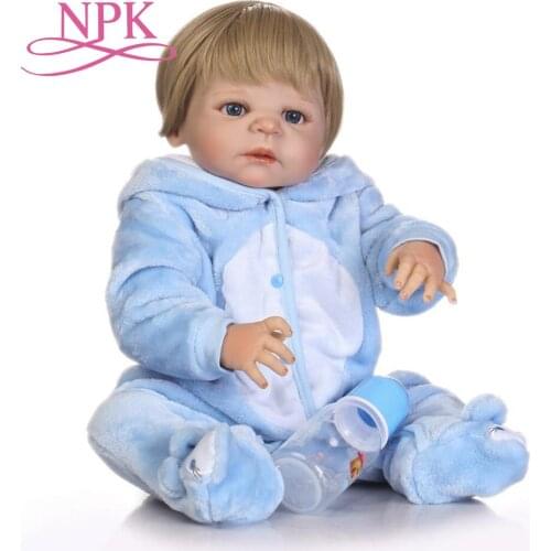 NPK 57cm full silicone sumilation newborn baby boy with black pasted hair and Brown clothes silicone reborn baby doll