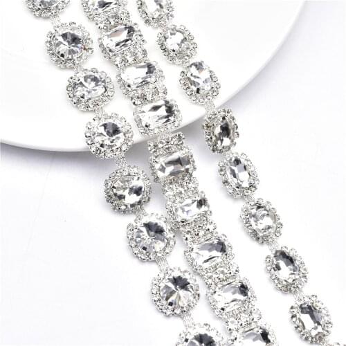 Silver Glass Crystal Chain Bling Rectangle Rhinestone Applique Trim Necklace Decoration Wedding Dress Diy Clothing Accessories