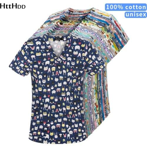 Htthdd Cartoon printing scrubs tops pet grooming work uniform beauty salon workwear cotton health service costume women lab coat