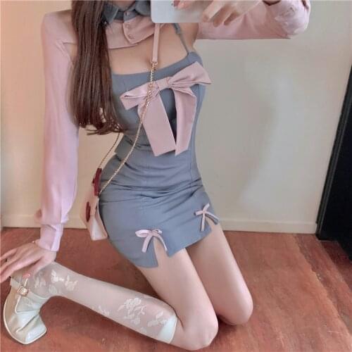 Japanese Korean Fake Two Piece Dress Elegant Bow Designer Soft Girls Club Party Dress Women Sweet Lolita Patchwork Kawaii Dress