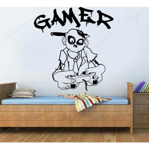 Funny Zombie Gamer Play Game Wall Decals Controller Video Game Wall Poster Vinyl Home Decor Kids Boys Teens Room Stickers 4790