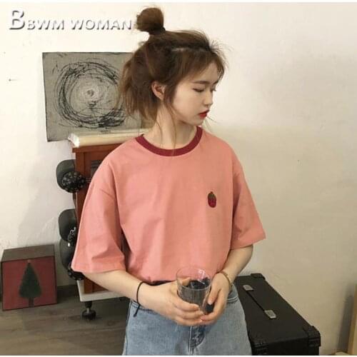 2019 Harajuku Korean Women T Shirt Pink And White Color Female Tee Shirts