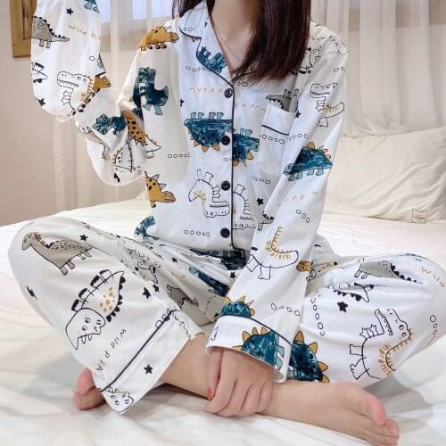 Women Summer Dinosaur Printing Pajama Sets Long Sleeve Graffiti Pajamas Soft Pyjamas Sleepwear Cartoon Couple Homewear Cute