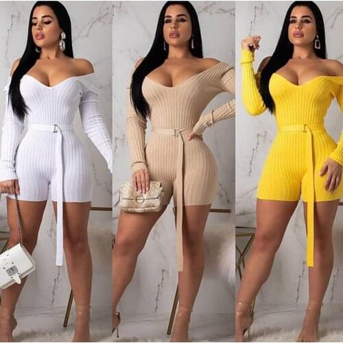 Off Shoulder Knit Jumpsuit Women Winter Autumn Long Sleeve Ribbed Short Sexy Playsuits Rompers Elegant Party Bodycon Jumpsuit