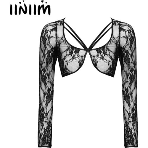 Womens Hot Street Floral See-Through Lace Crop Top Ladies Casual Dancing Female Scoop Neck Long Sleeve Tops Cocktail Parties
