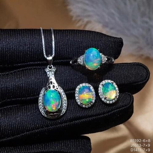 Fashion round Natural Multicolor opal gem S925 silver ring Pendant earrings natural gemstone Jewelry Set girl party gift jewelry