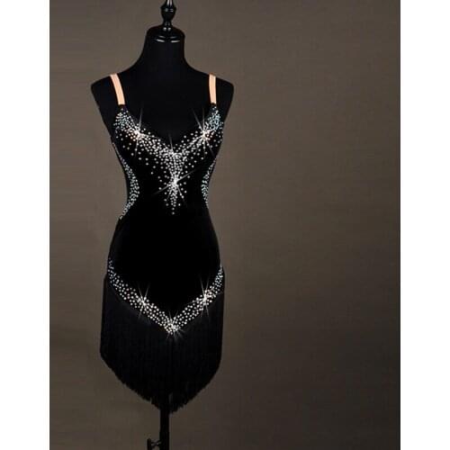 New Latin Dance Dress Women Shiny Rhinestones Sexy Backless Velvet Latin Dance Fringed Dress Competition Clothes Can Customized