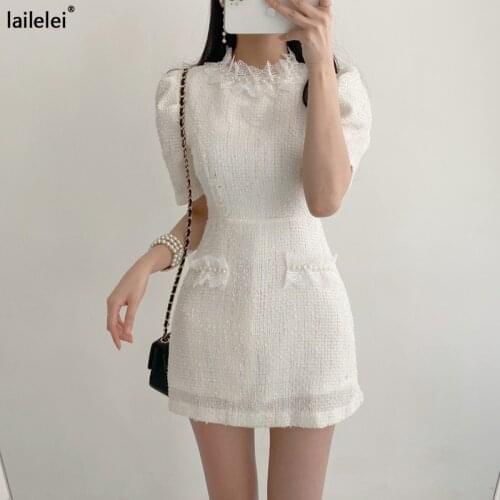 Tweed Lace O-Neck Short Dress Puff Sleeve White Vestido Curto Summer 2021 Vintage Elegant Office Pink Korean Cute Robe Femme