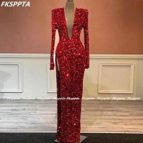Long Sleeves Sparkly Sequins Burgundy 2021 Prom Dresses Deep V Neck High Slit Black Women Formal Party Dress Custom Made Gown