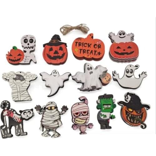 13 Pieces Halloween Wooden Hanging Ornaments with Rope Cartoon Skeleton Pumpkin Ghost Mummy Pendants DIY Holiday Props
