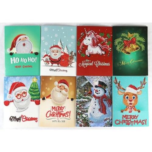 8pcs/lot Christmas Greeting Cards Diamond Painting Postcards Crystal Round Diamond Mosaic Pattern Happy New Year Greeting Card