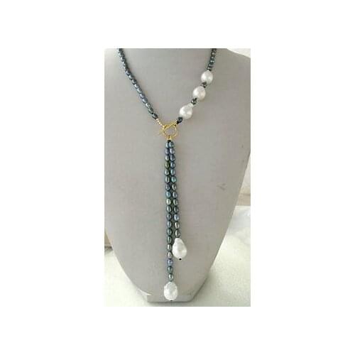 Free shipping $wholesale_jewelry_wig$ free Black Peacock Rice Freshwater&Unusual White Baroque Keshi Keishi Pearl Necklace