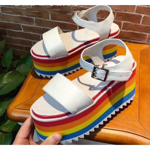 Carpaton Summer Newest Rainbow Platform Wedge Sandals Sexy Peep Toe Ankle Strap Woman Shoes Leather Dress Heels