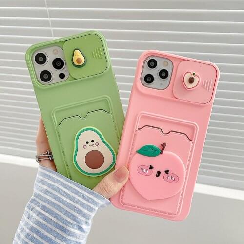3D Cartoon Fruit Avocado Peach Case With Card Slot For iPhone 11 12 Pro Max XR XS Max 7 8 Plus Push Camera Protection Soft Cover