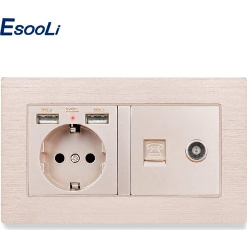 Esooli Aluminum Panel EU Standard Wall Socket 2 USB Charge Port Hidden Soft LED + RJ11 Telephone and Female TV Connector