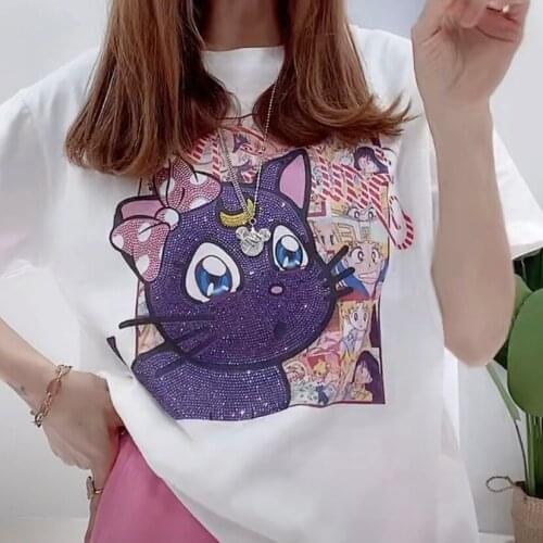 European Summer New Heavy Industry Hot Rhinestone Short Sleeve Loose Thin Mid-length Cotton T-shirts Women Tops Fashion 2021