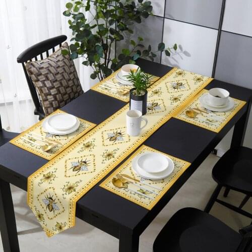 Idyllic Sunflower Bee Table Runner Set Cotton Linen Table Runners Tablecloth Dining Table Mat Home Wedding Table Decoration