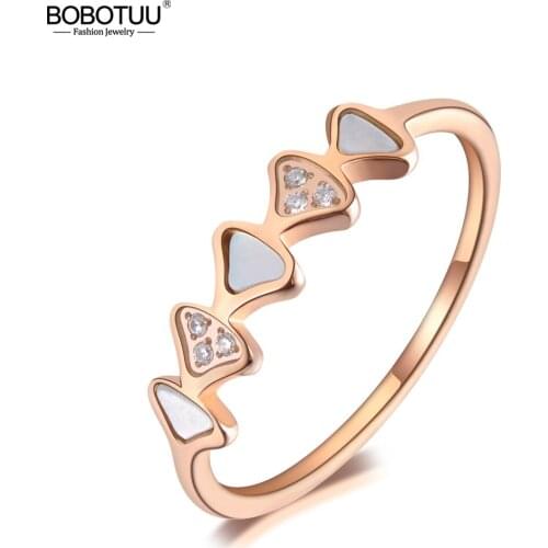 BOBOTUU Titanium Stainless Steel Geometric Shell Ring Trendy Mosaic CZ Crystal Rose Gold Wedding Ring Jewelry For Women BR19086