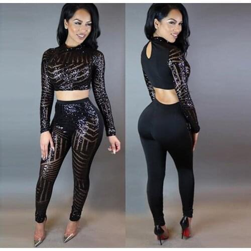 Two pieces Set Sequined Jumpsuit Women Crop Tops Jumpuits 2016 Autumn Long Sleeve Bodysuit Bandage Jumpsuit Rompers S-L