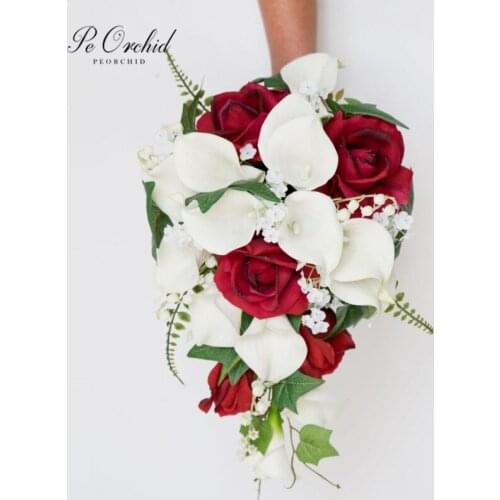 PEORCHID Charm Red Cascade Wedding Bouquet Bride Flower Roses Artificial White Bouquet Vintage Boho Waterfall Bridal Bouquet