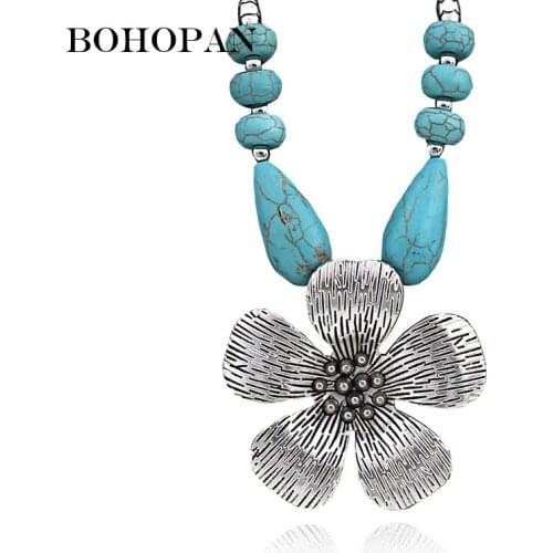 Fashion Ethnic Silver Necklace Round Flower Metal Pendants Green Gem Statement Long Necklace Women Jewelry collares mujer 2018