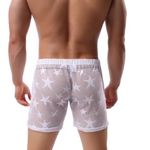 Mens sexy sleepwear big mesh loose boxer brand-clothing hollow see through mens home pajamas shorts sleep bottom Homme pajamas