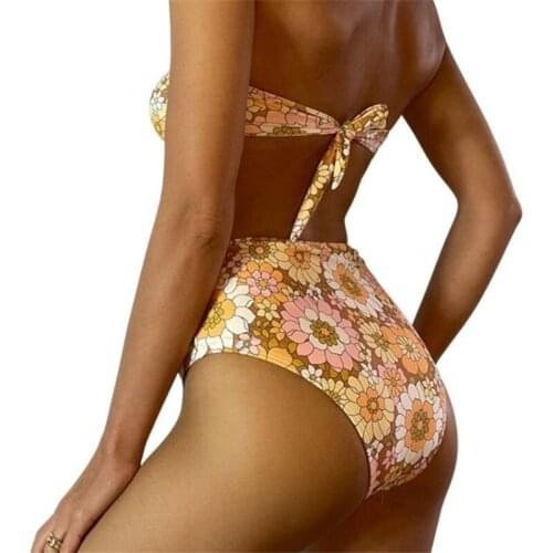 NEW Women Sexy Bikini Set Fashion Print Flower Bandage Tube Tops and Stretch High Waist Thong Sexy Bathing Suits Beachwear