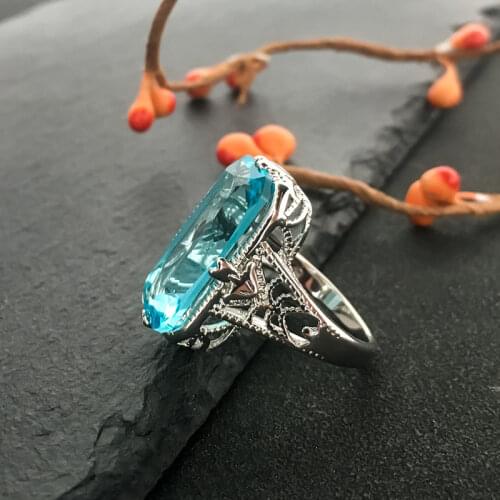 Aquamarine Zircon Hollowed-out Carved 925 Sterling Silver Rings Exaggerated Silver Jewelry for Women Engagement Wedding Ring