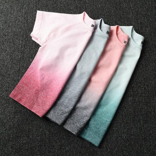 Ombre Energy Seamless Sports Tops Women Fitness Crop Top Short Sleeve Yoga Top Running Workout Sports T Shirts Gym Active Wear