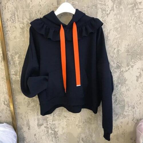 2021 Autumn Womens Hoody Hoodies Long Sleeve Ruffled Hooded Sweatshirt Female Loose Korean-Style Blue Hoodie Coat