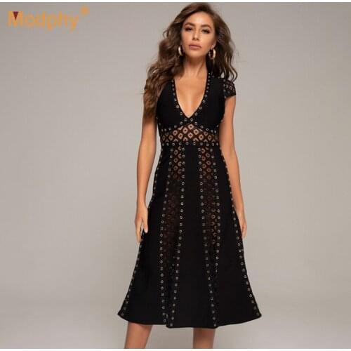 Autumn Womens Lace Stitching Hollow Bodycon Midi Dress Vestidos Sexy Sleeveless V-neck Celebrity Party Club Dress 2020 New