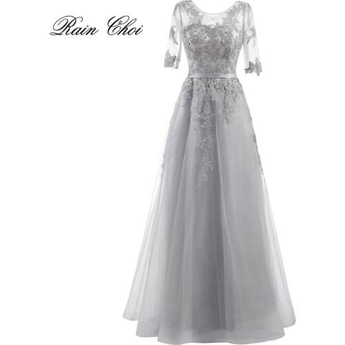 Evening Dresses 2020 Robe De Soiree Longue Prom Gown Half Sleeves Appliques Tulle Evening Dress