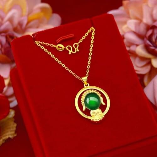 Luxury 14k Gold Necklace Pendant for Women Anniversary Jewelry Chalcedony Green Emerald Gemstone Stone Clavicle Chain Necklace