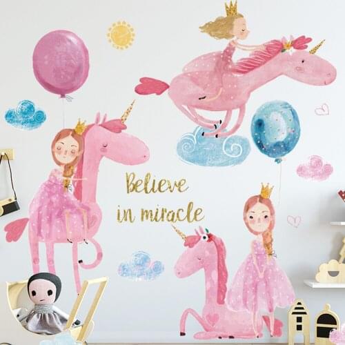 Cartoon Pink Princess Self-Adhesive Stickers Home Decoration Unicorn Wall Stickers Baby Girl Bedroom Decor Kindergarten Decals