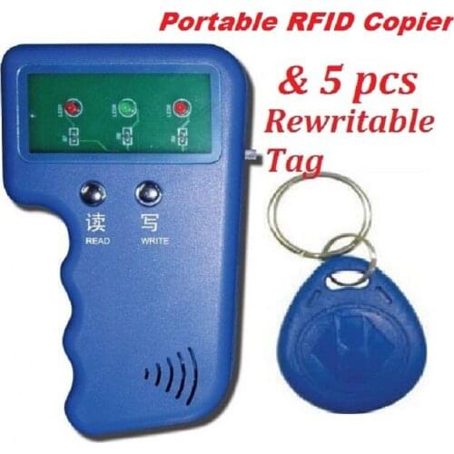 Handheld 125KHz RFID ID EM4100 Card Reader & Writer Duplicator Copier Programmer Device + 5 Free EM4305 T5577 Rewritable Tag